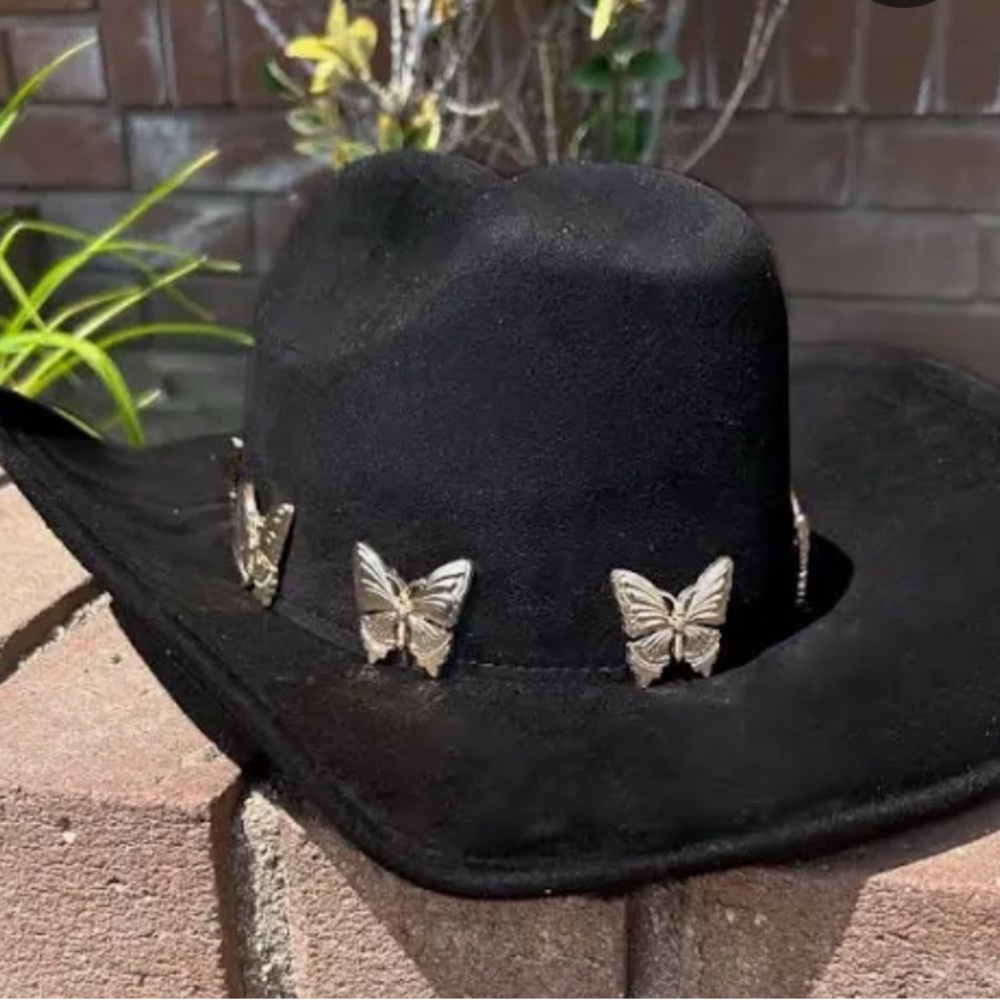 Black Cowboy Hat with Silver Butterfly Accents